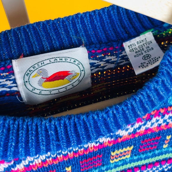 Colorful Blue Multicolor Knit Crewneck Sweater Top - Picture 4 of 5